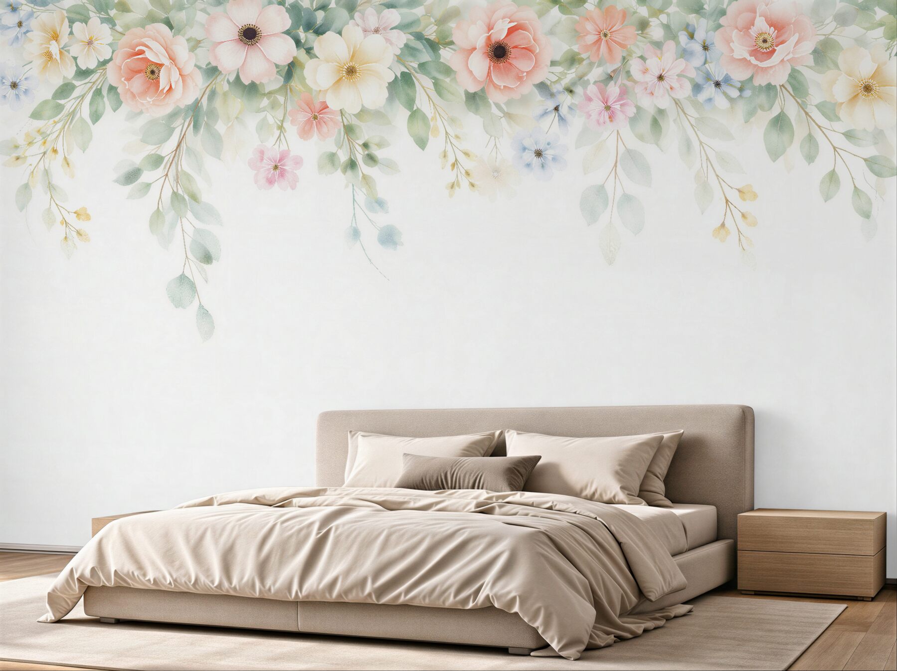Fototapeten pastellfarbene Blumen- und Blättergirlande