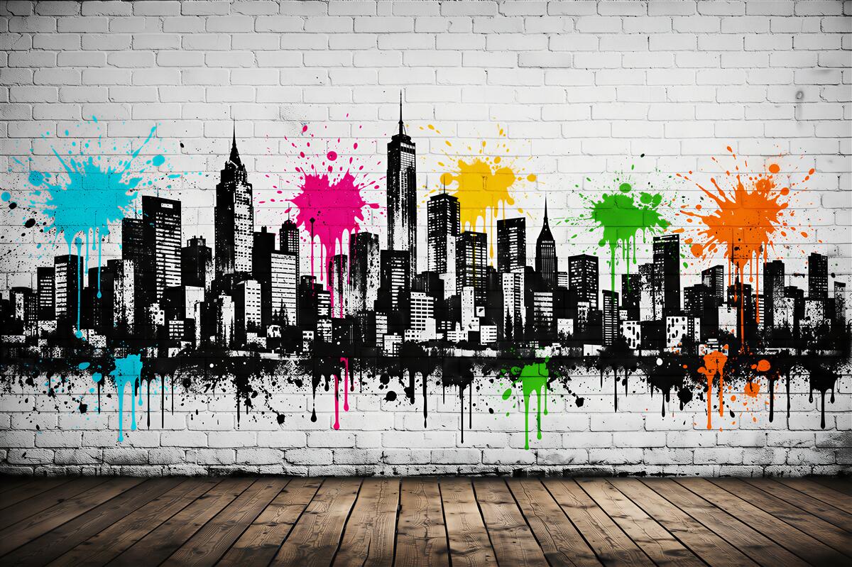 Fototapeten farbenfrohe Graffiti städtisches Panorama