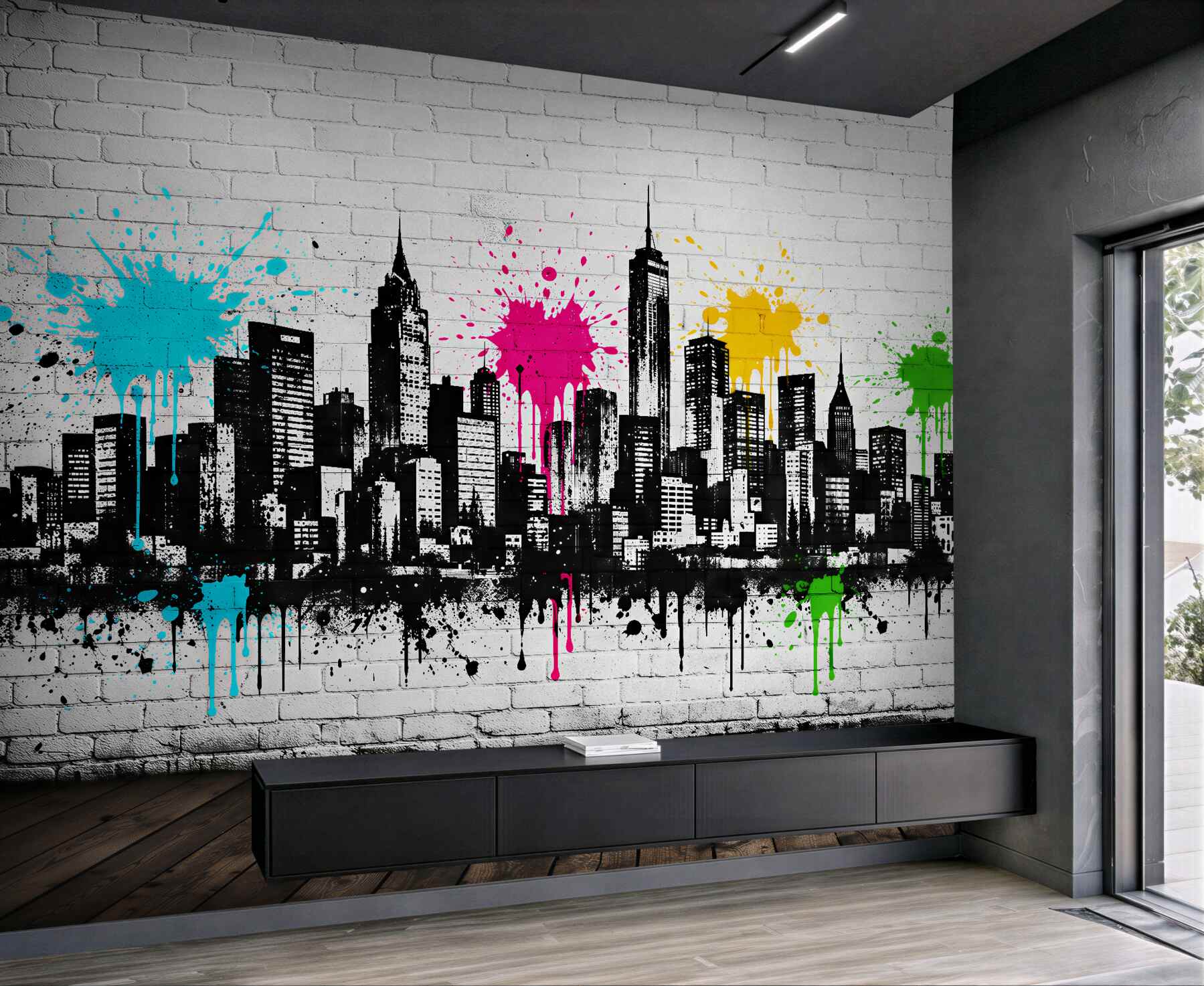 Fototapeten farbenfrohe Graffiti städtisches Panorama