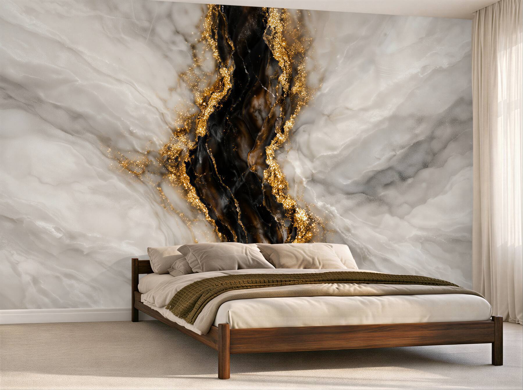 Fototapeten goldener Marmor mit schwarzem Streifen