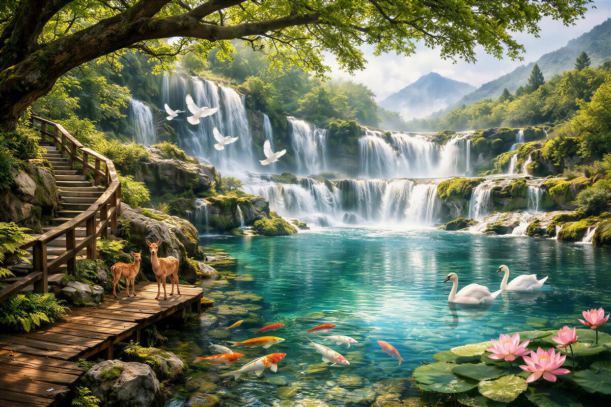 Fototapeten paradiesischer Wasserfall mit Schwänen