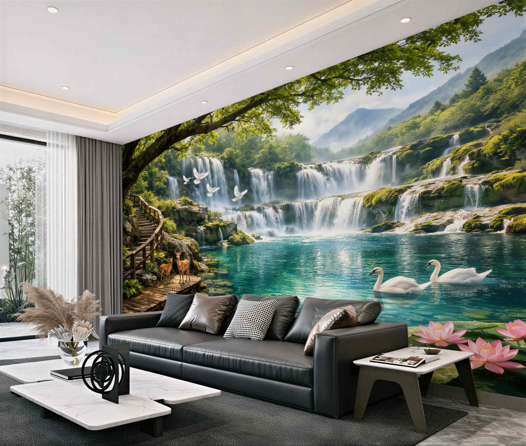 Fototapeten paradiesischer Wasserfall mit Schwänen