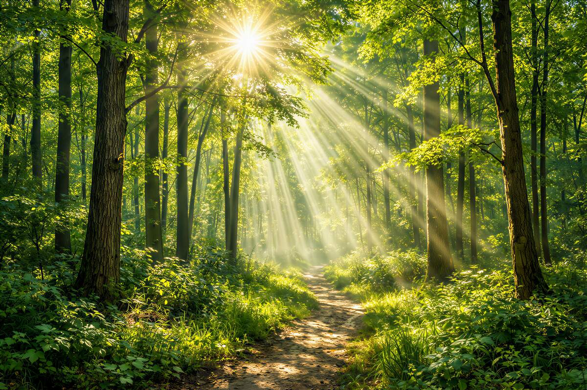 Fototapeten sonniger Wald mit Waldweg