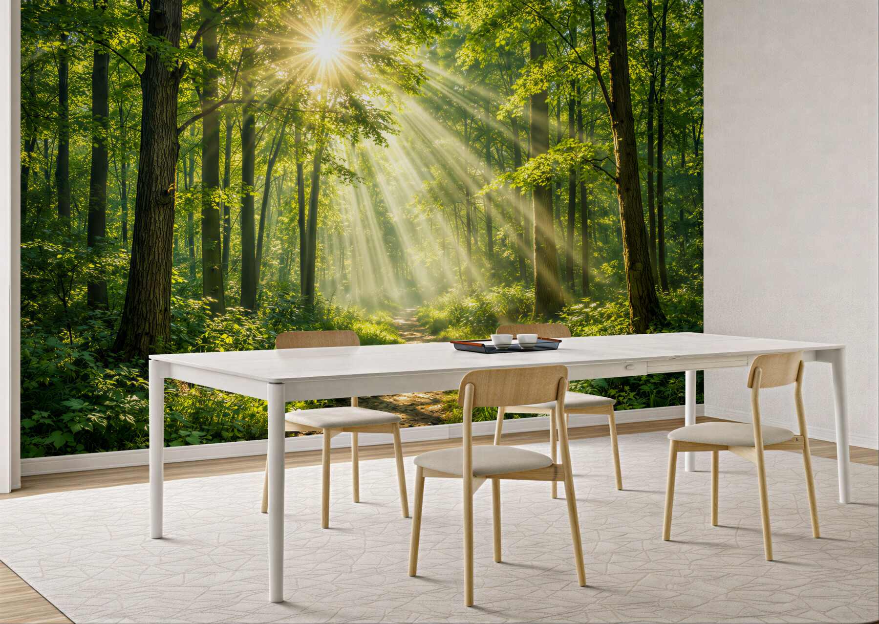 Fototapeten sonniger Wald mit Waldweg