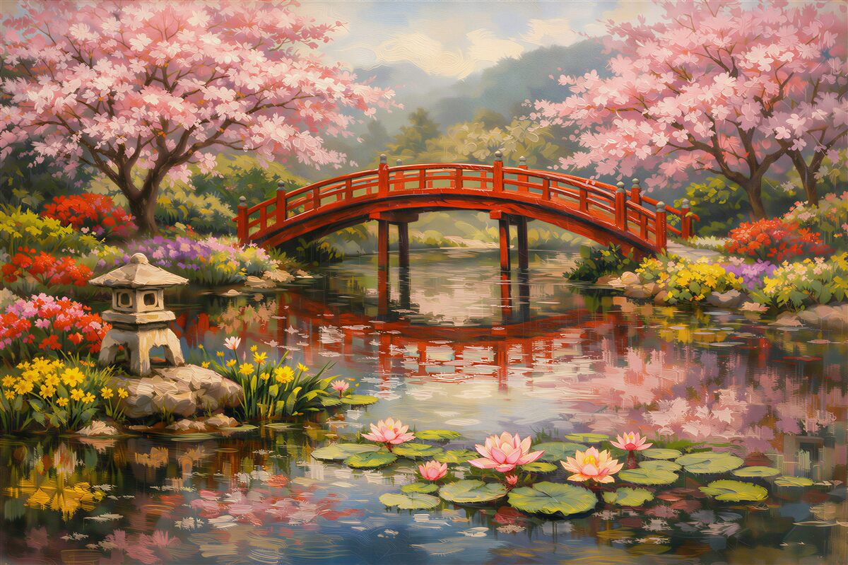 Fototapeten japanischer Garten mit roter Brücke