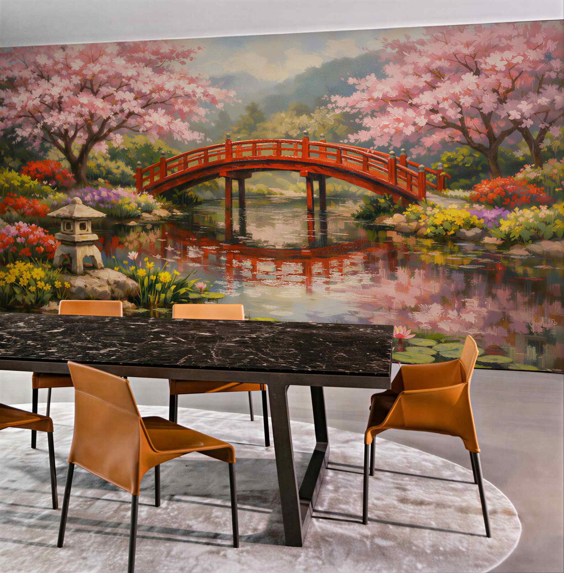 Fototapeten japanischer Garten mit roter Brücke