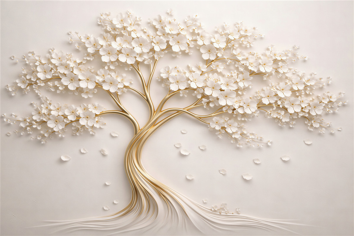 Fototapeten golden Baum mit weißen Blumen