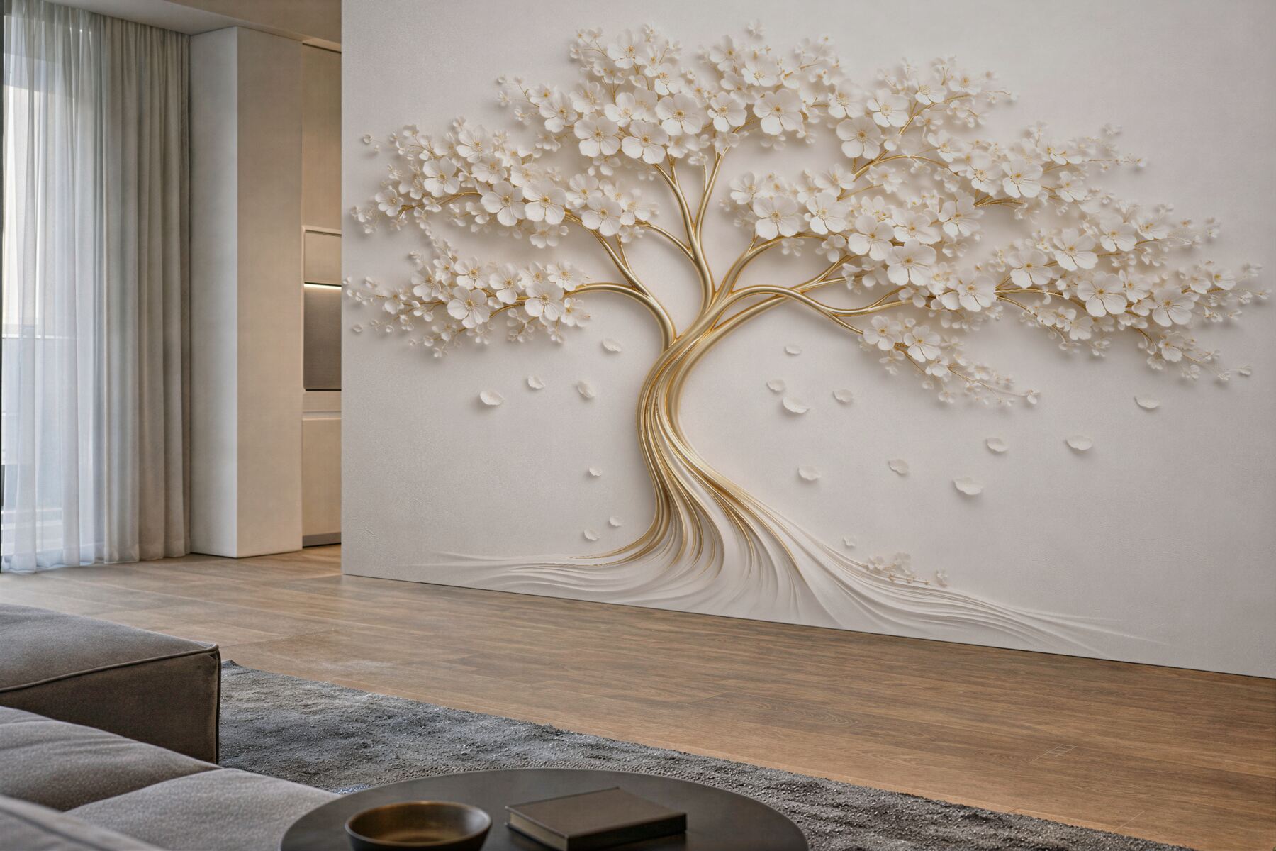 Fototapeten golden Baum mit weißen Blumen