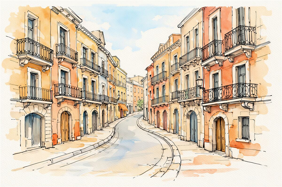 Fototapeten Aquarell einer sonnigen Gasse mit Balkonen