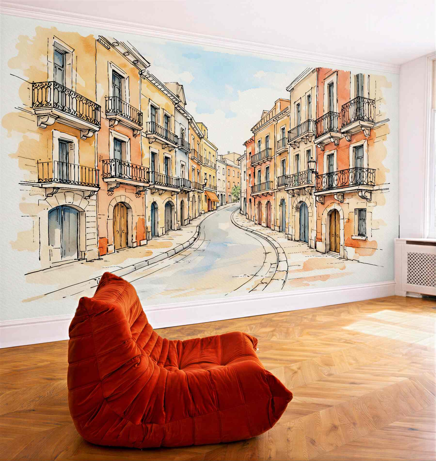 Fototapeten Aquarell einer sonnigen Gasse mit Balkonen