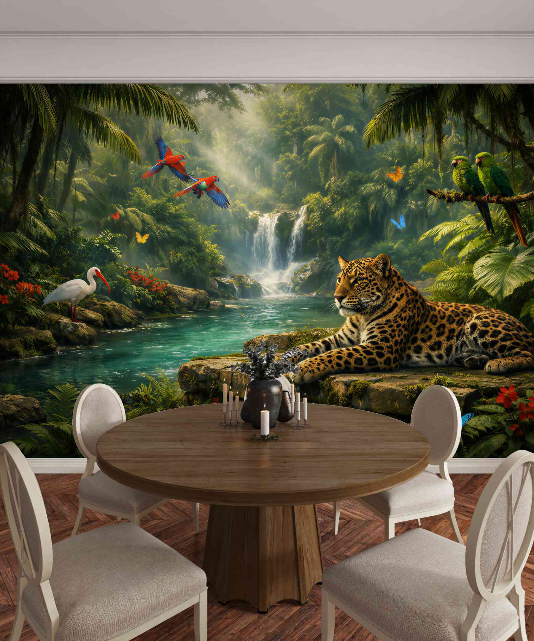 Fototapeten Dschungel mit einem Jaguar und einem Wasserfall