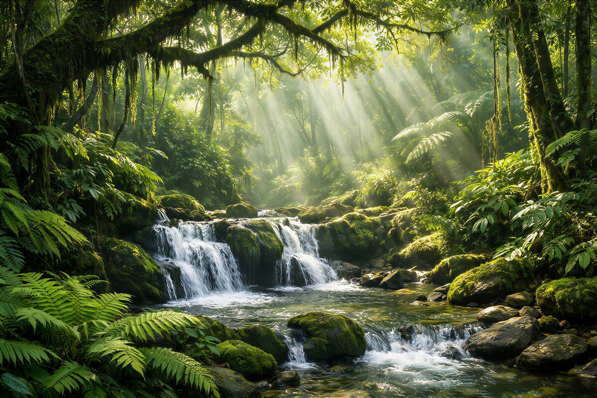 Fototapeten Waldwasserfall im Sonnenlicht
