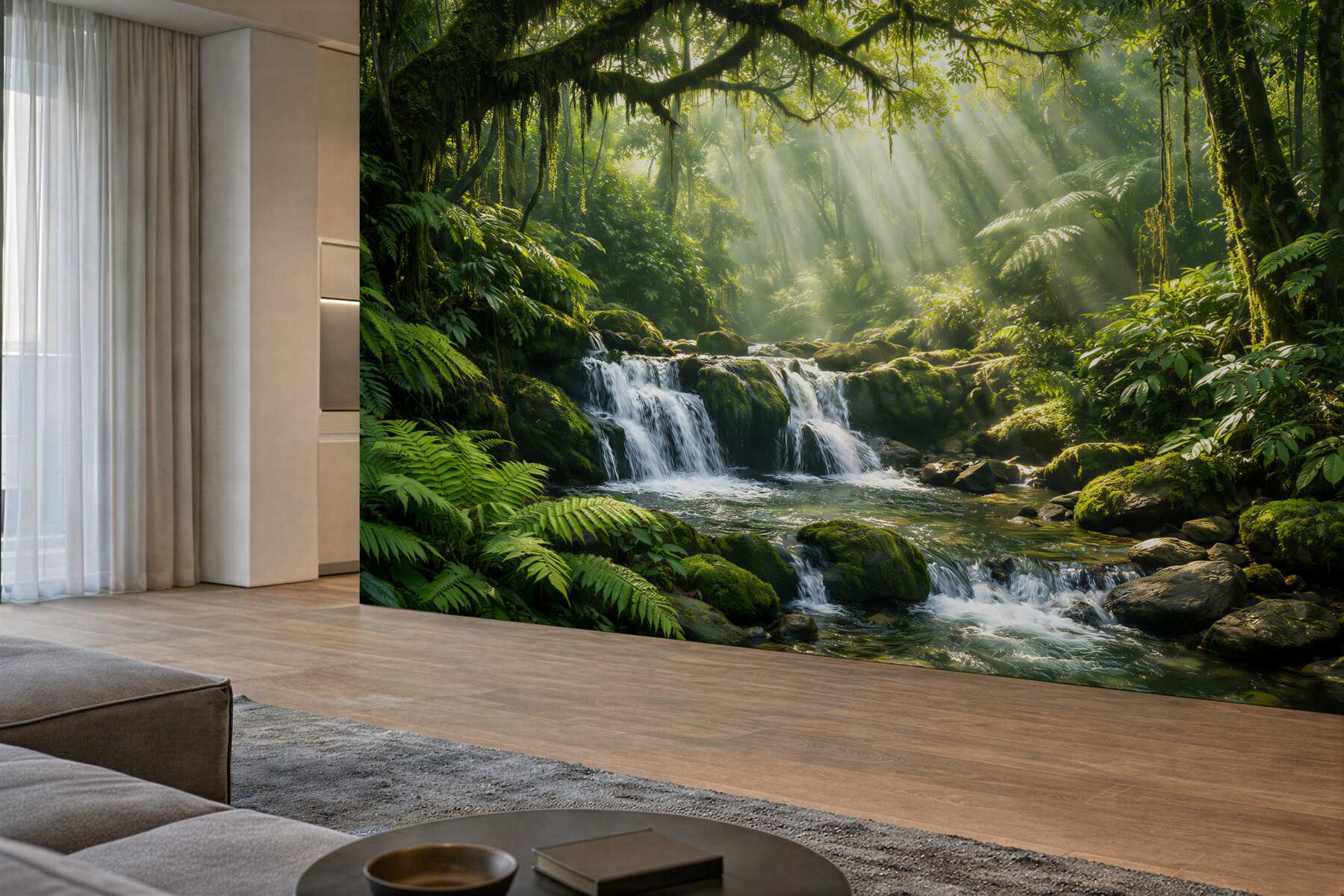 Fototapeten Waldwasserfall im Sonnenlicht