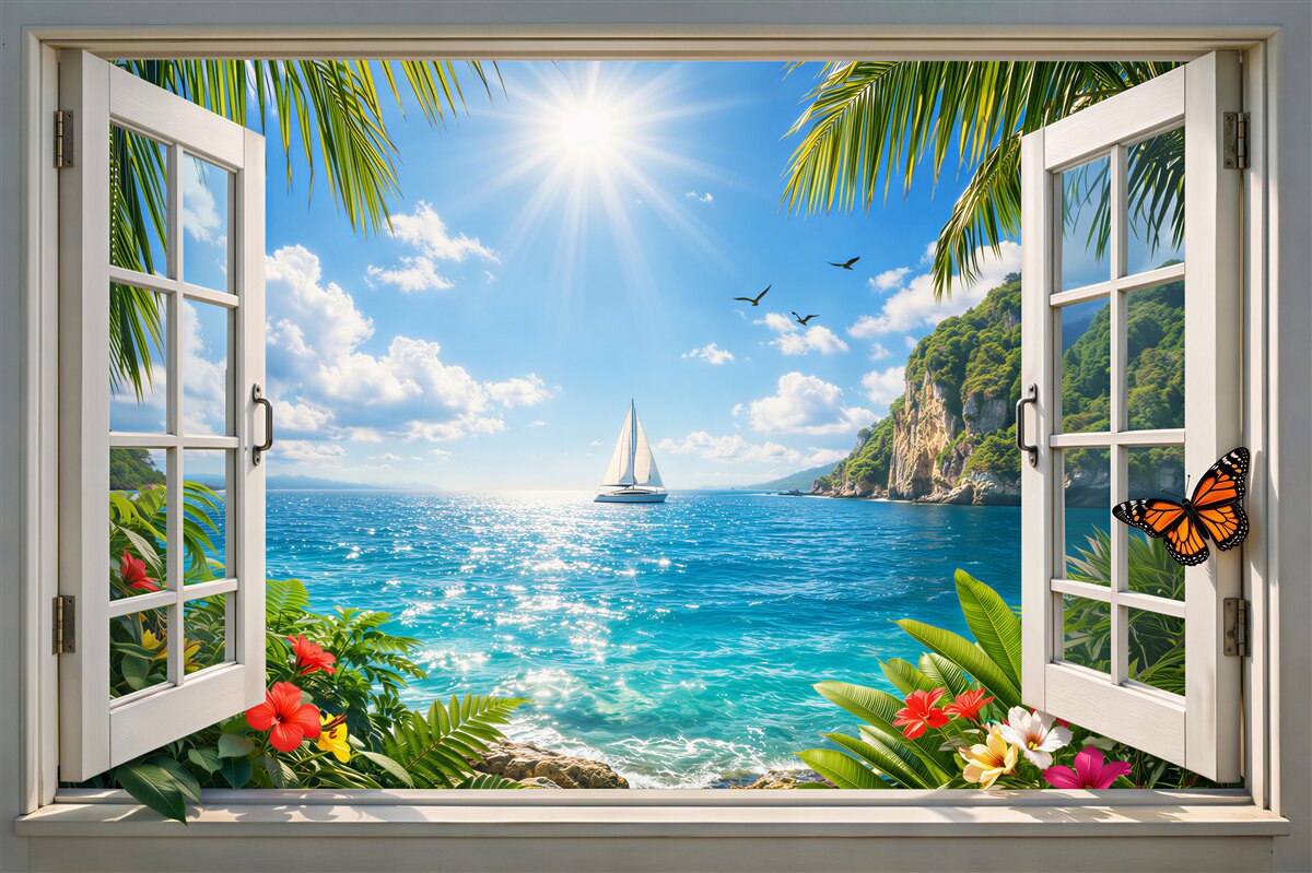 Fototapeten sonniger Blick auf das Meer aus einem Fenster