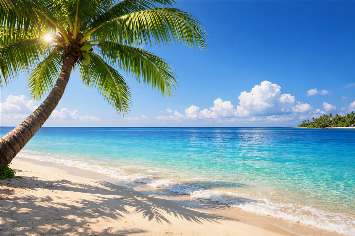 Fototapeten paradiesischer Strand mit einer Palme