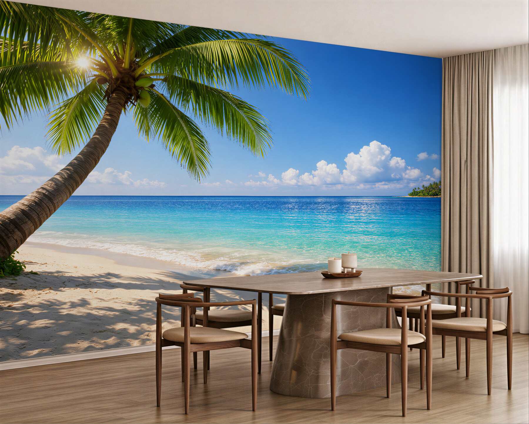 Fototapeten paradiesischer Strand mit einer Palme