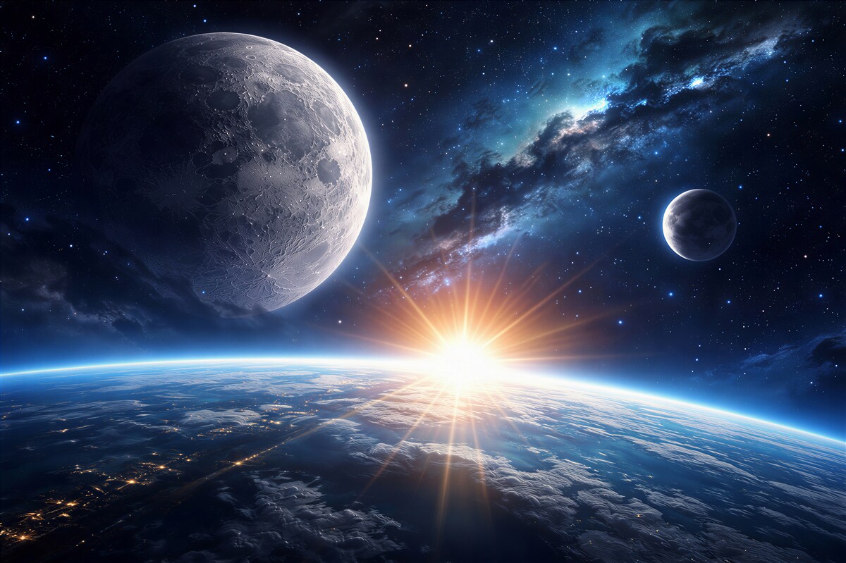 Fototapeten kosmischer Sonnenaufgang über einem Planeten