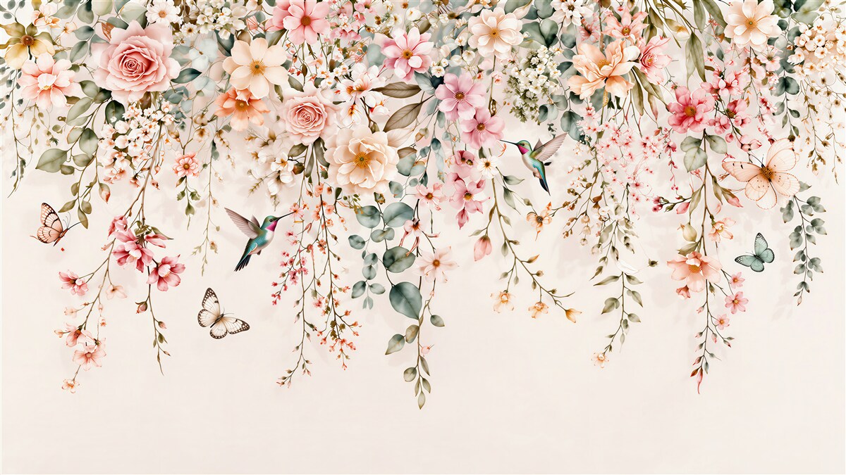 Fototapeten Blumenkranz mit Kolibris