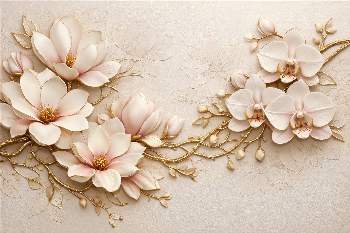 Fototapeten goldene Magnolien und glamouröse Orchideen