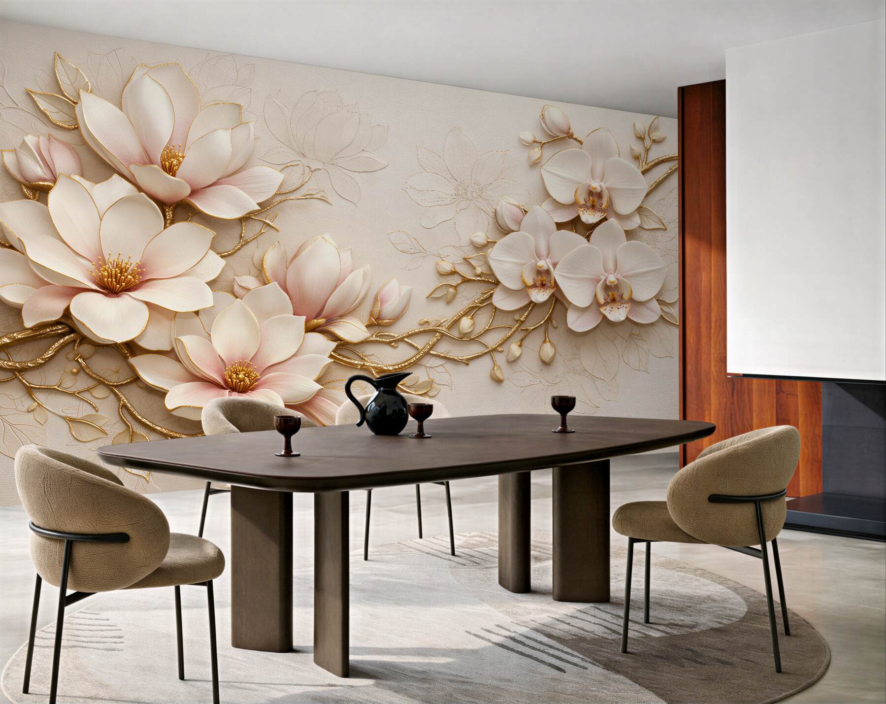 Fototapeten goldene Magnolien und glamouröse Orchideen
