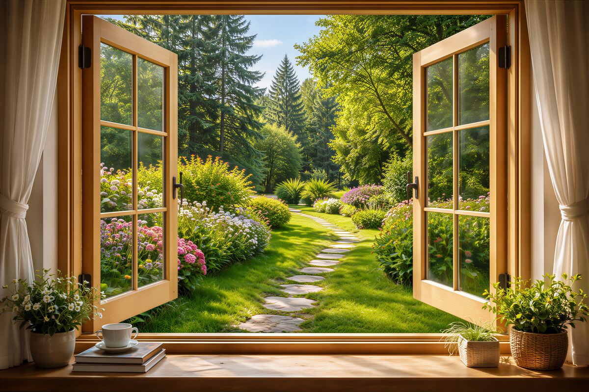 Fototapeten offenes Fenster zu einem sonnigen Garten