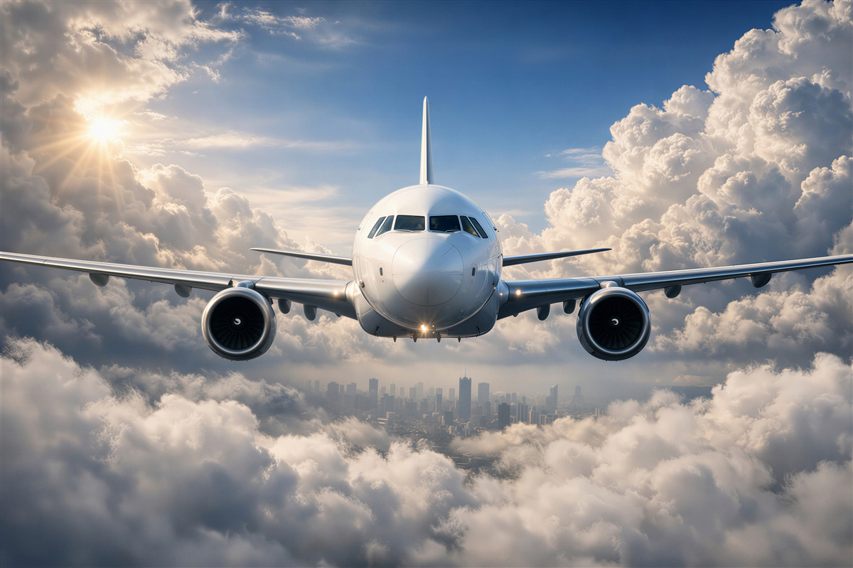Fototapeten Flugzeug über den Wolken und der Stadt