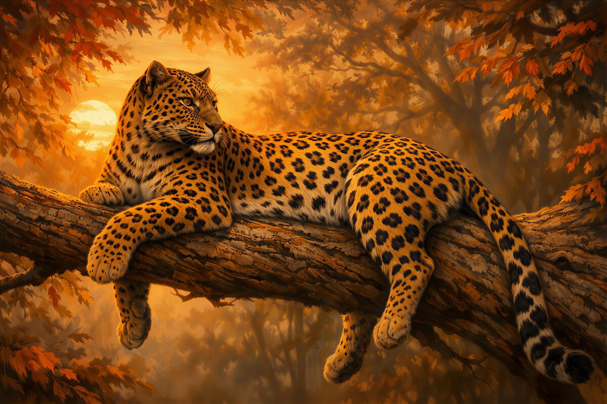 Fototapeten Leopard bei Sonnenuntergang