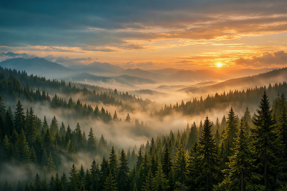 Fototapeten nebliger Sonnenaufgang über dem Bergwald