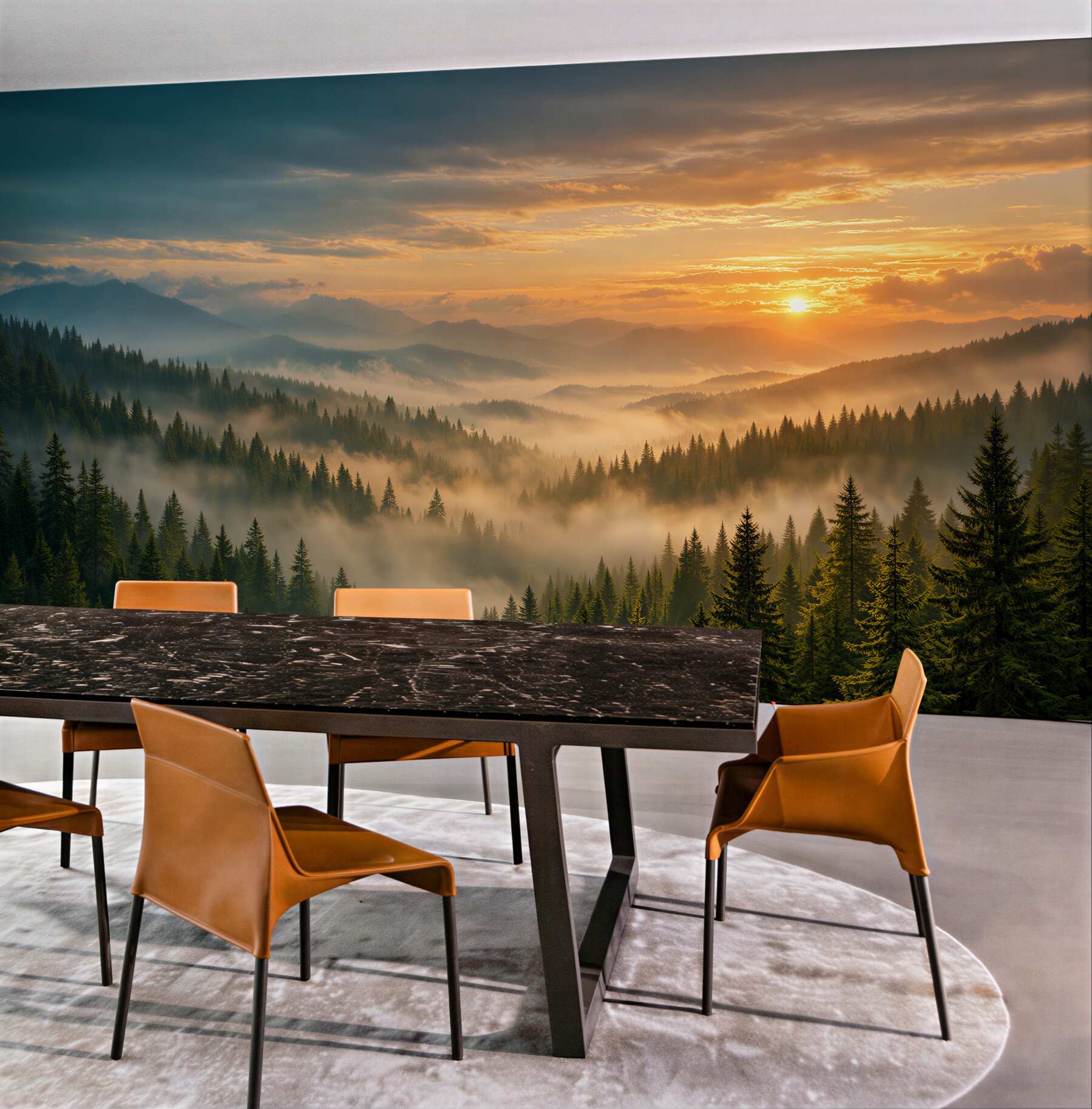 Fototapeten nebliger Sonnenaufgang über dem Bergwald