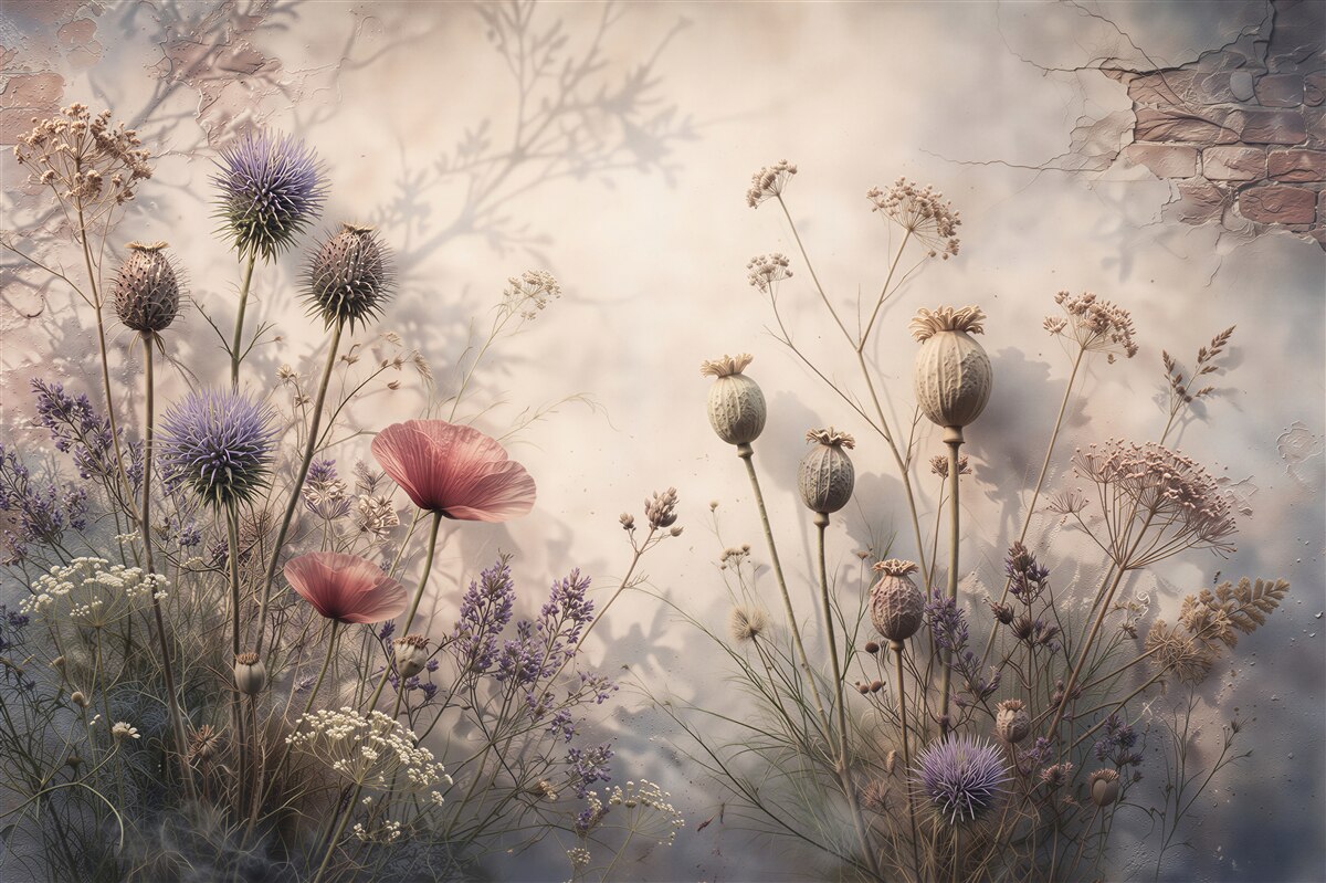Fototapeten nostalgische Wiese mit Mohnblumen