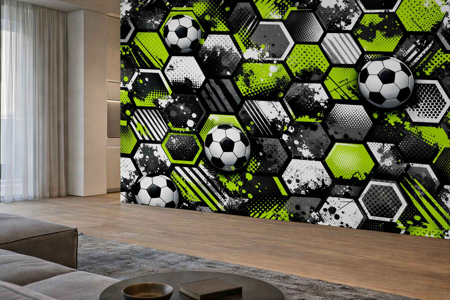 Fototapeten Fußballenergie der neonfarbenen Sechsecke