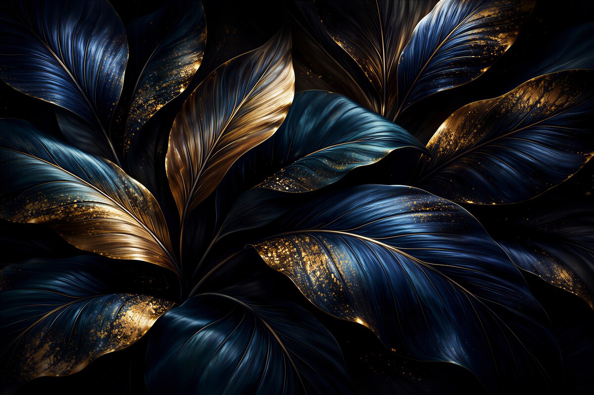 Fototapeten Marineblaue Blätter im goldenen Glanz