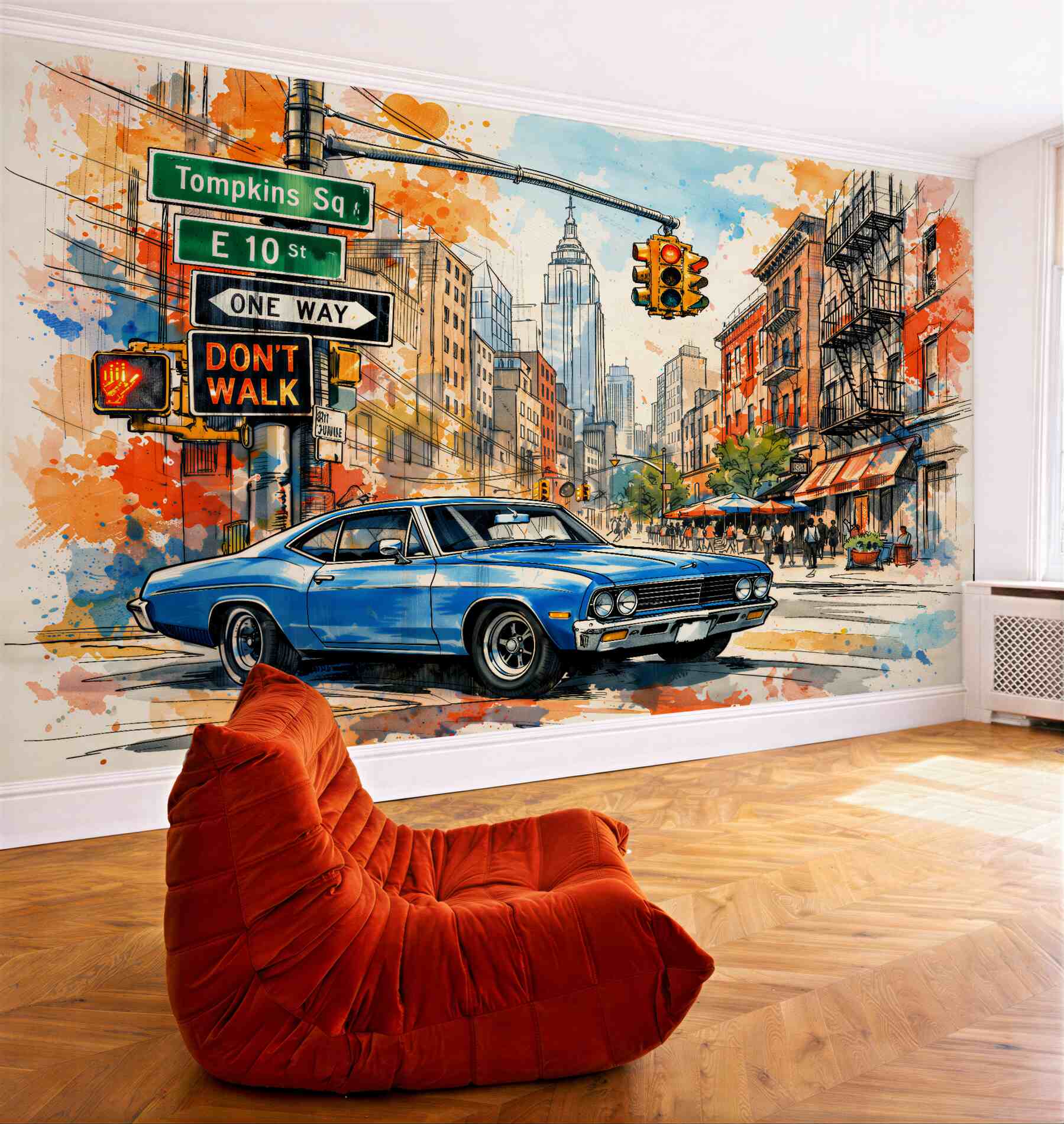 Fototapeten Aquarellstraße mit klassischem Auto