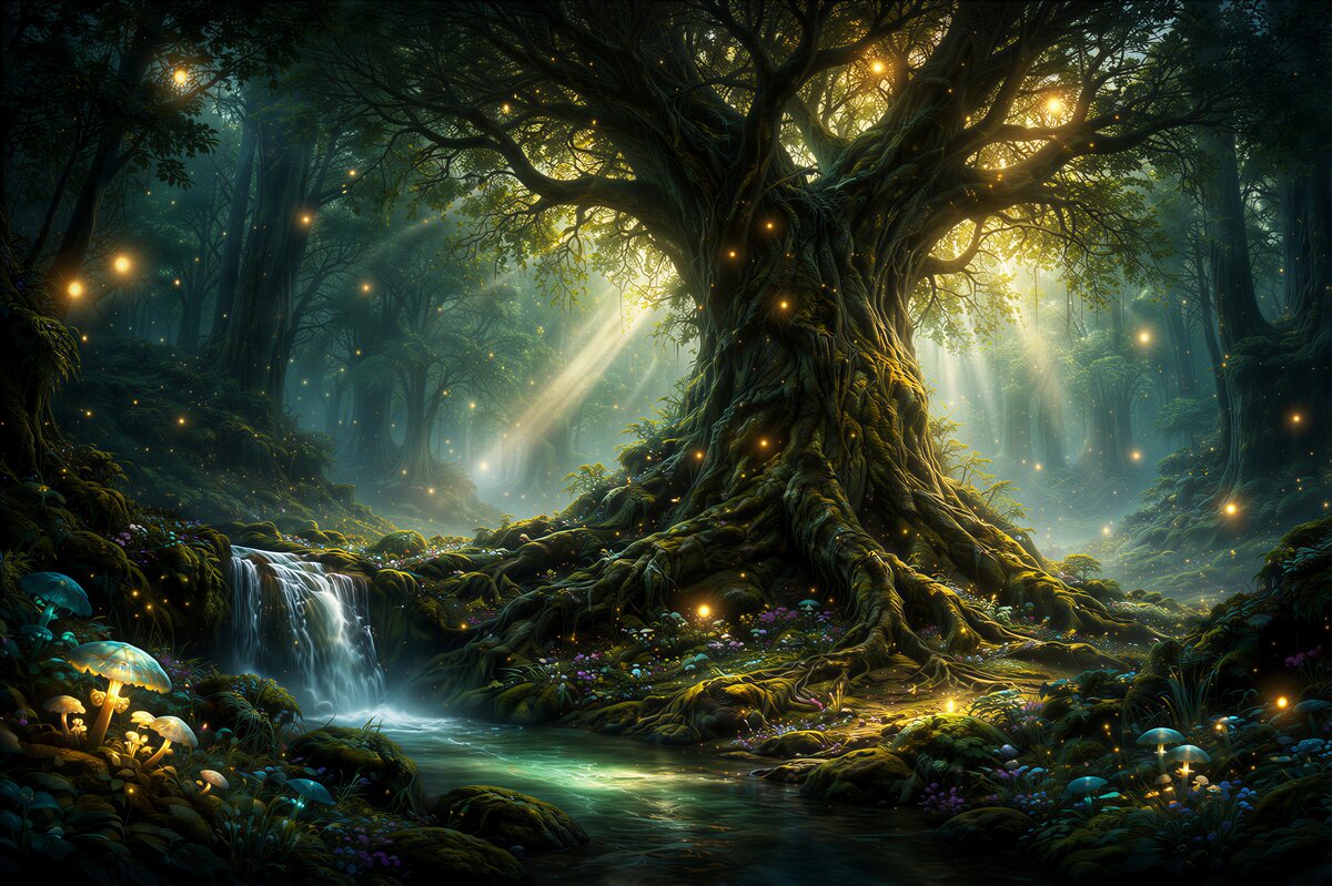 Fototapeten magischer Baum im Waldlicht