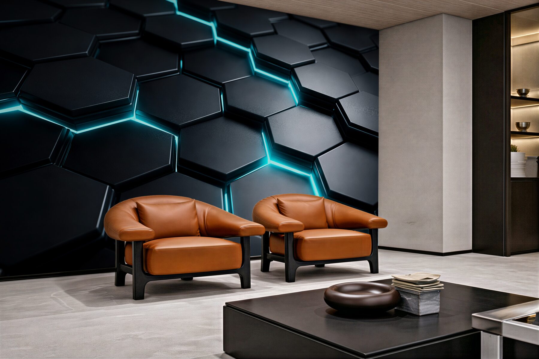 Fototapeten futuristische Neon-Hexagone