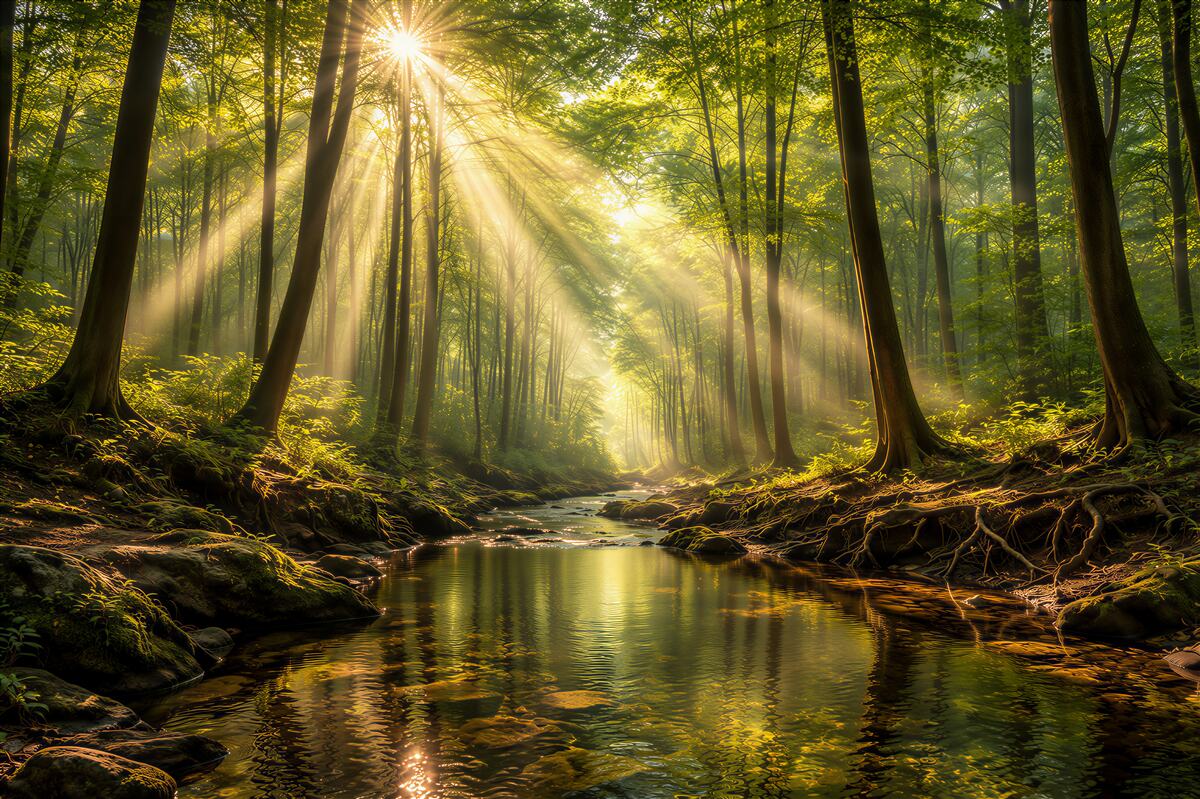 Fototapeten sonniger Wald über einem ruhigen Bach