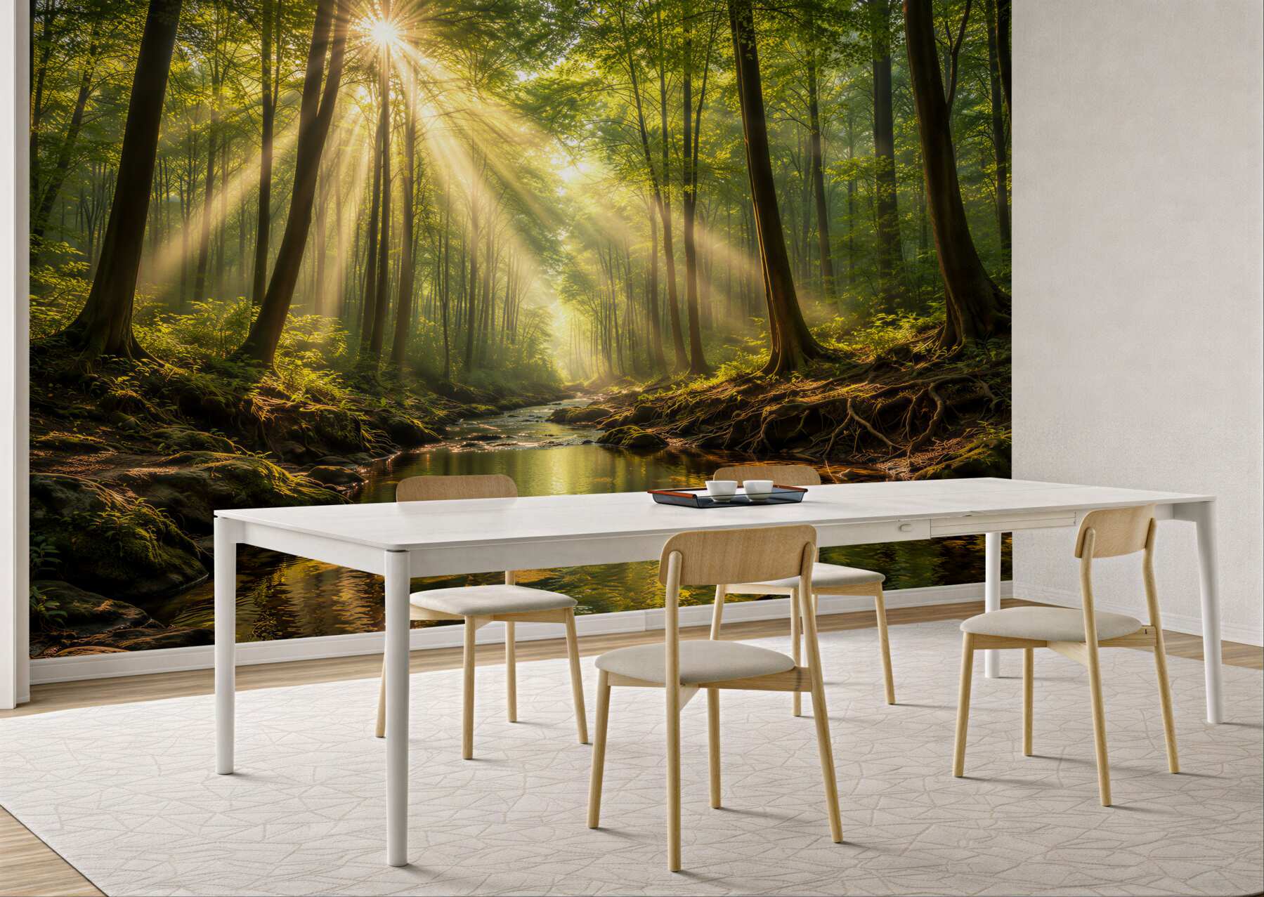 Fototapeten sonniger Wald über einem ruhigen Bach