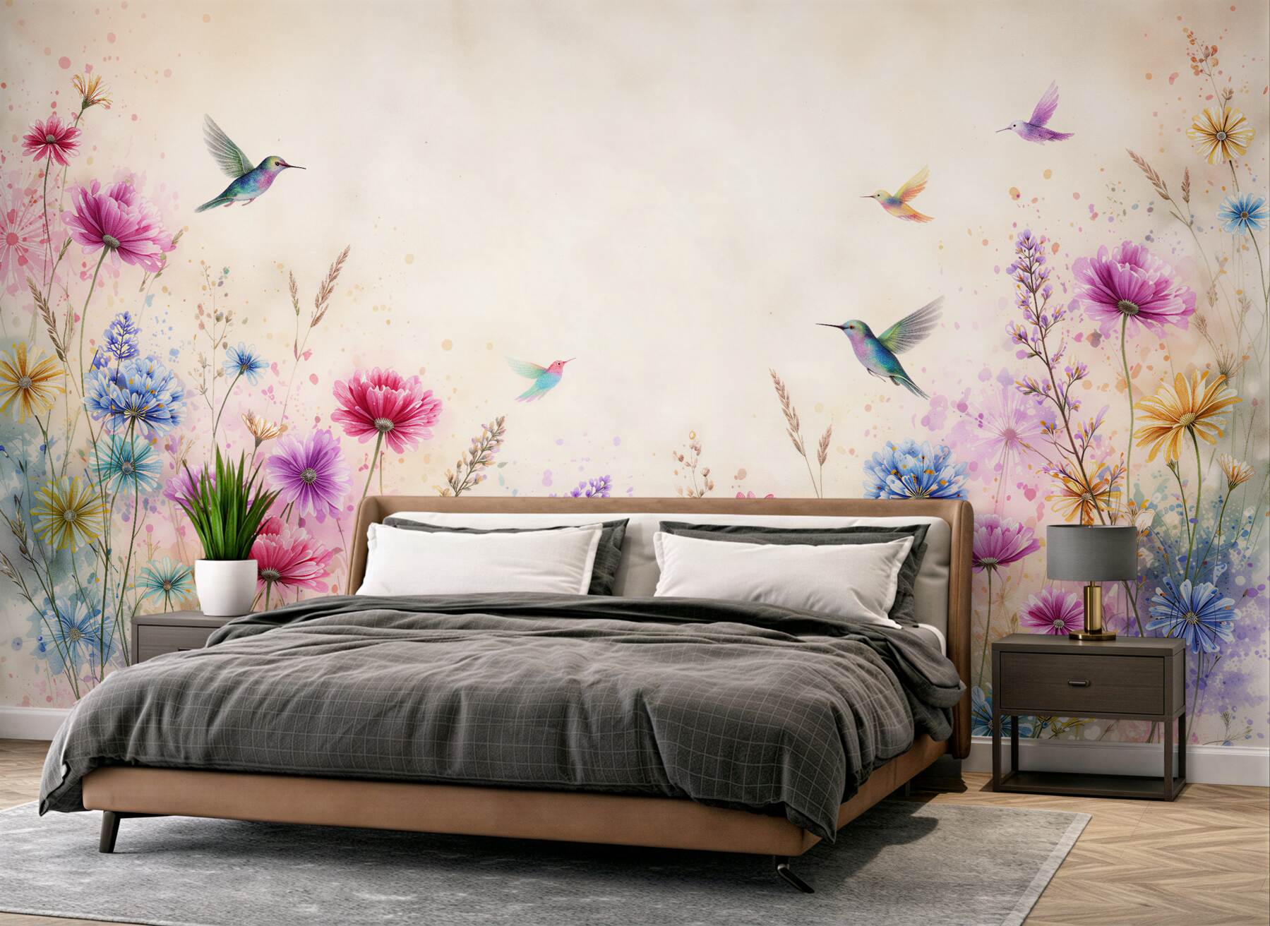 Fototapeten Aquarellwiese mit Kolibris