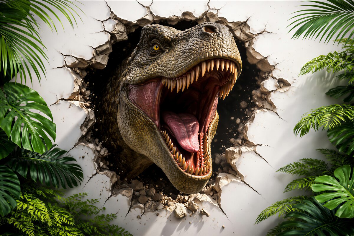 Fototapeten 3D Dinosaurier, der die Wand durchbricht