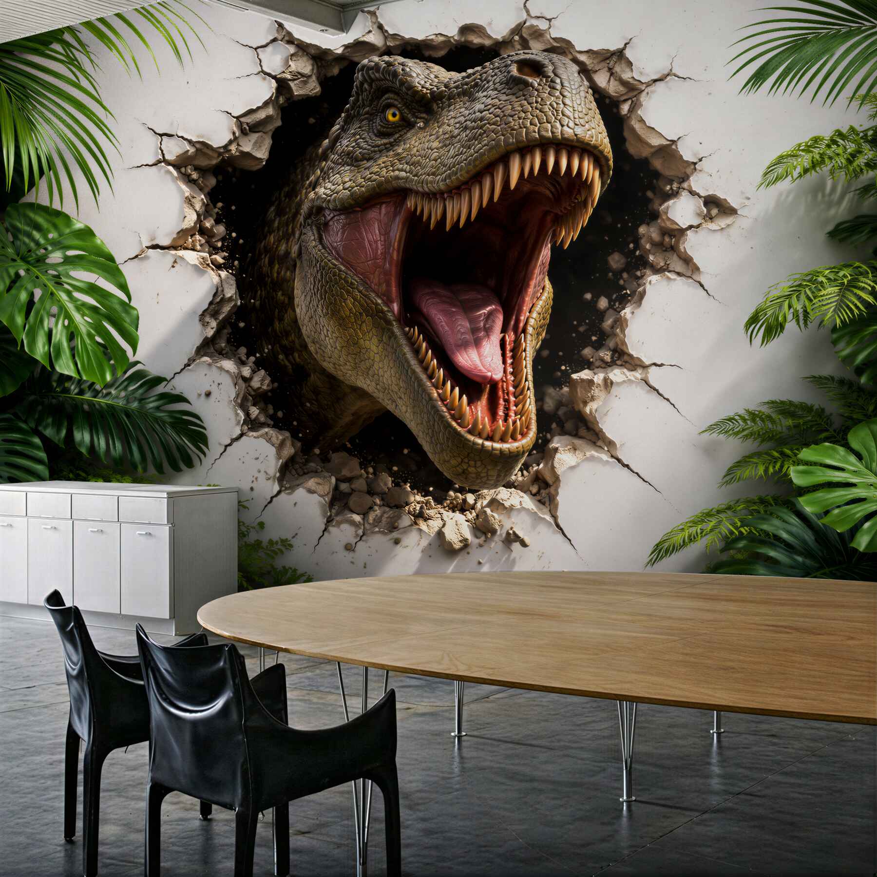 Fototapeten 3D Dinosaurier, der die Wand durchbricht