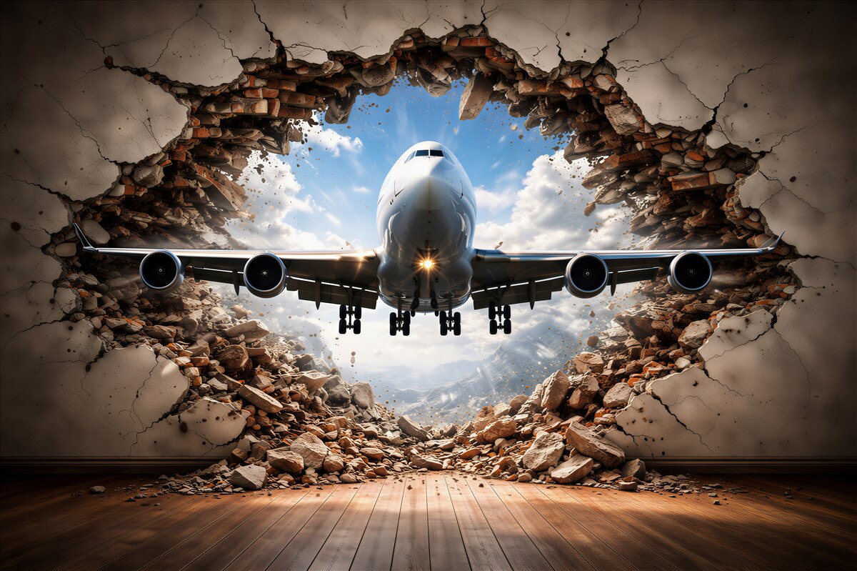 Fototapeten Flugzeug, das die Wand durchbricht 3d