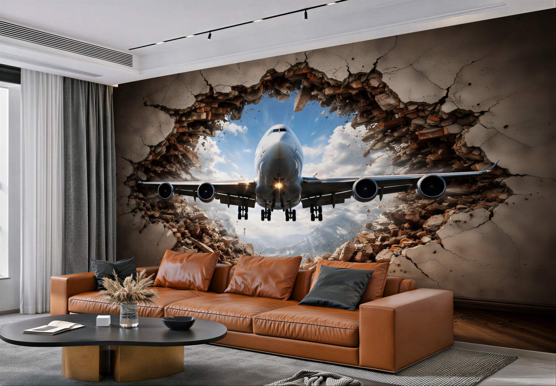 Fototapeten Flugzeug, das die Wand durchbricht 3d