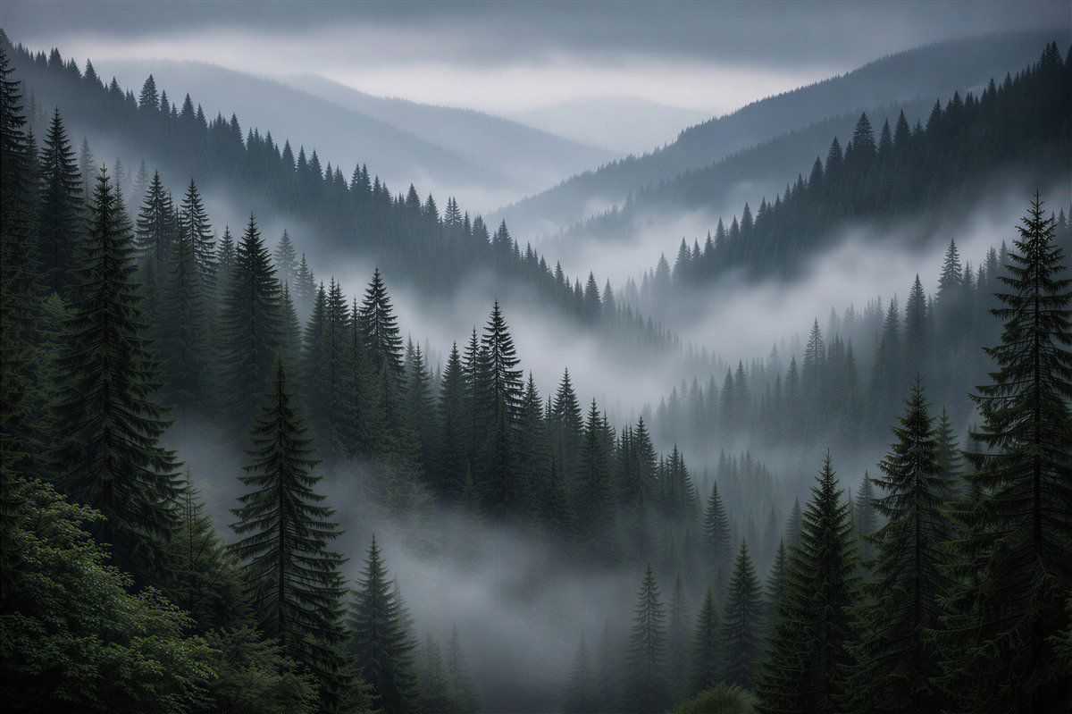 Fototapeten nebliger Bergwald