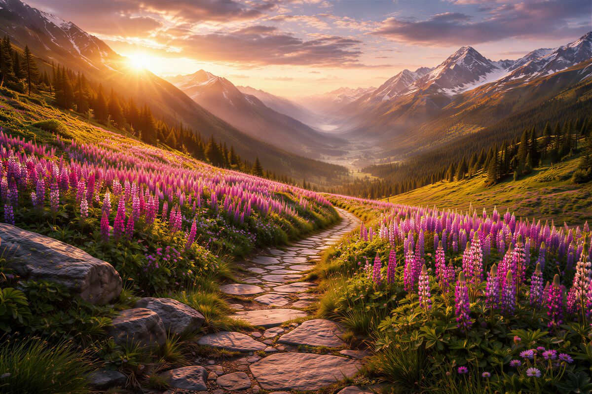 Fototapeten sonnige Blumen- und Bergtal