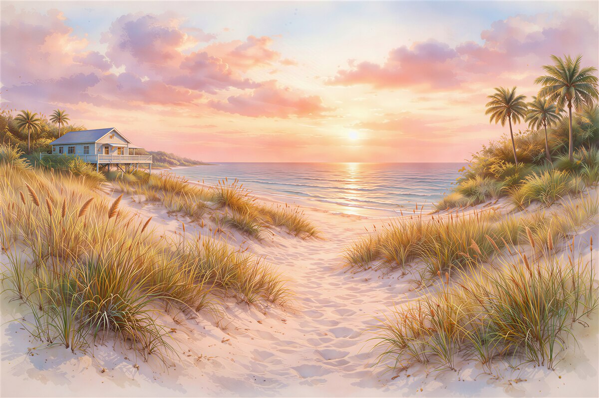 Fototapeten rosa Sonnenuntergang am Strand