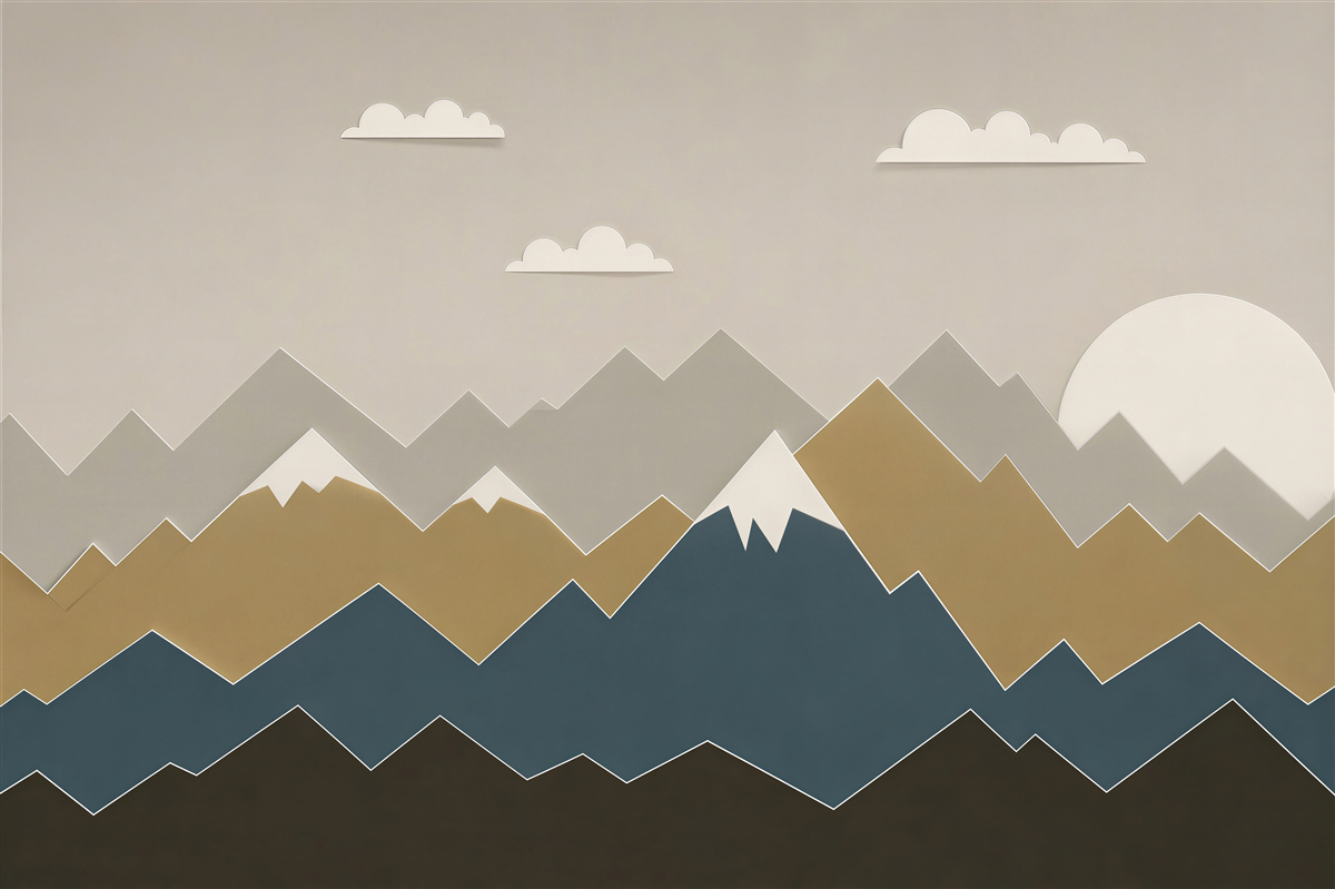 Fototapeten Berglandschaft mit geschichteten Gipfeln in beige-grauen Tönen