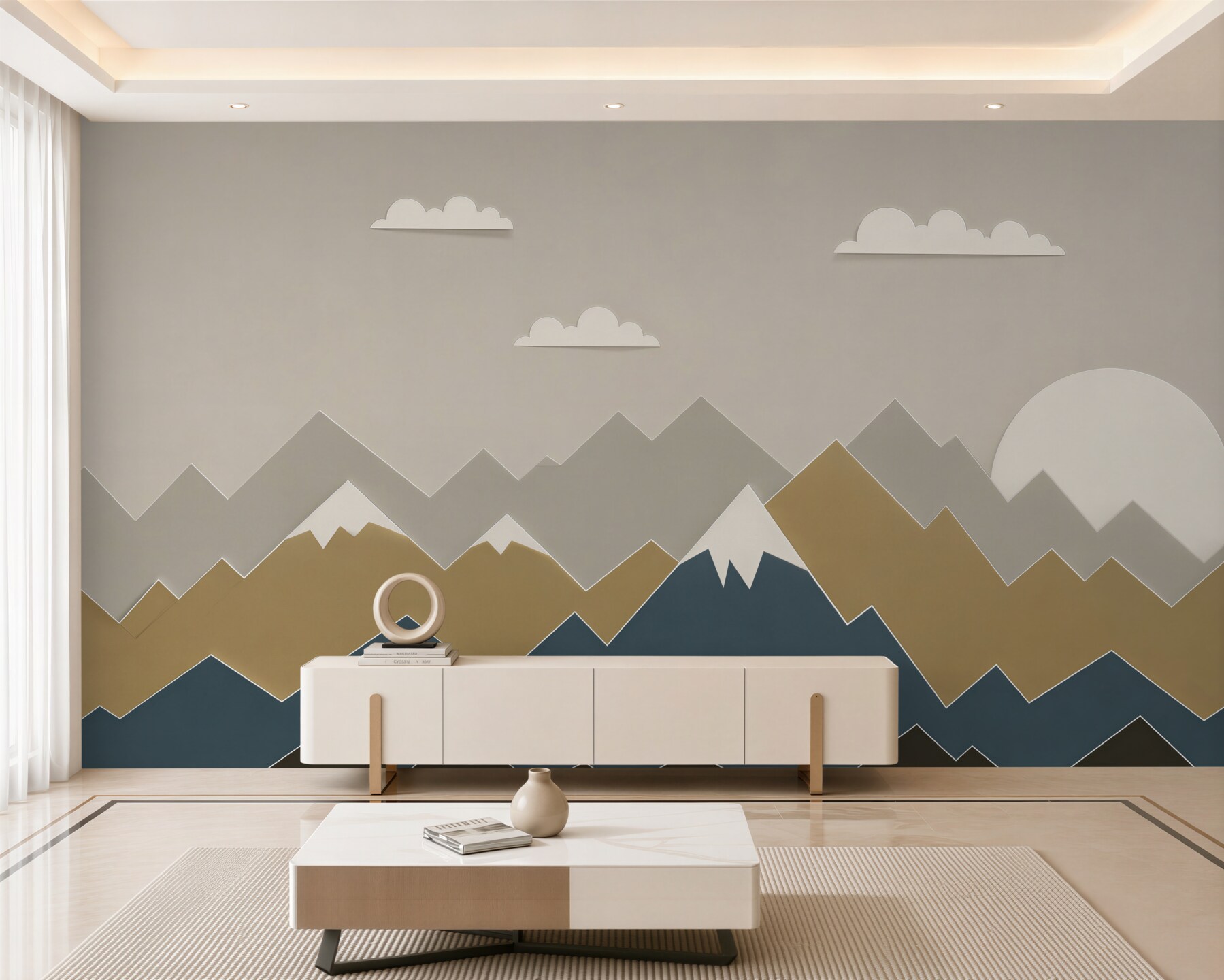Fototapeten Berglandschaft mit geschichteten Gipfeln in beige-grauen Tönen
