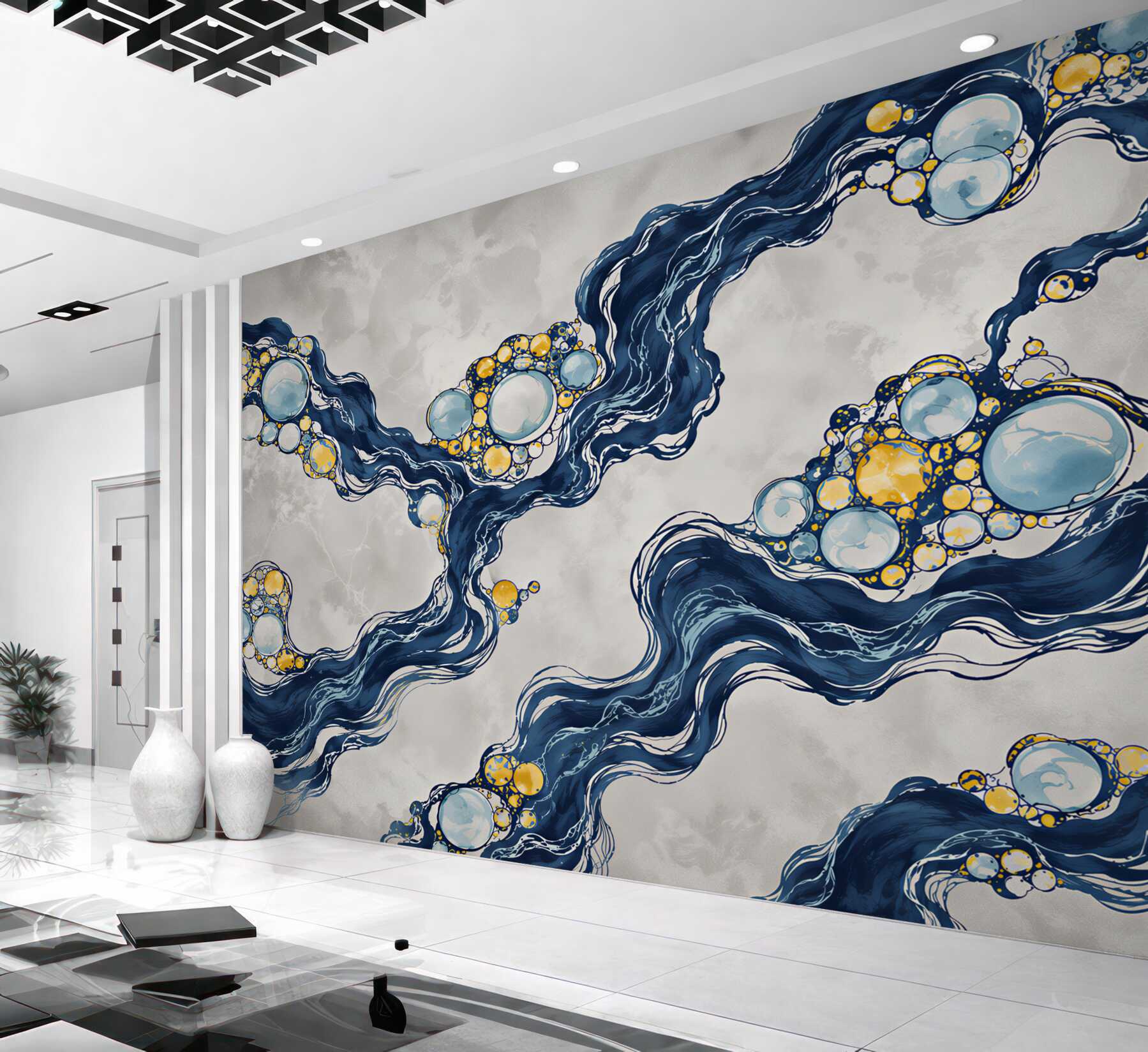 Fototapeten abstrakte blaue Welle mit goldenen Kreisen aus Marmor