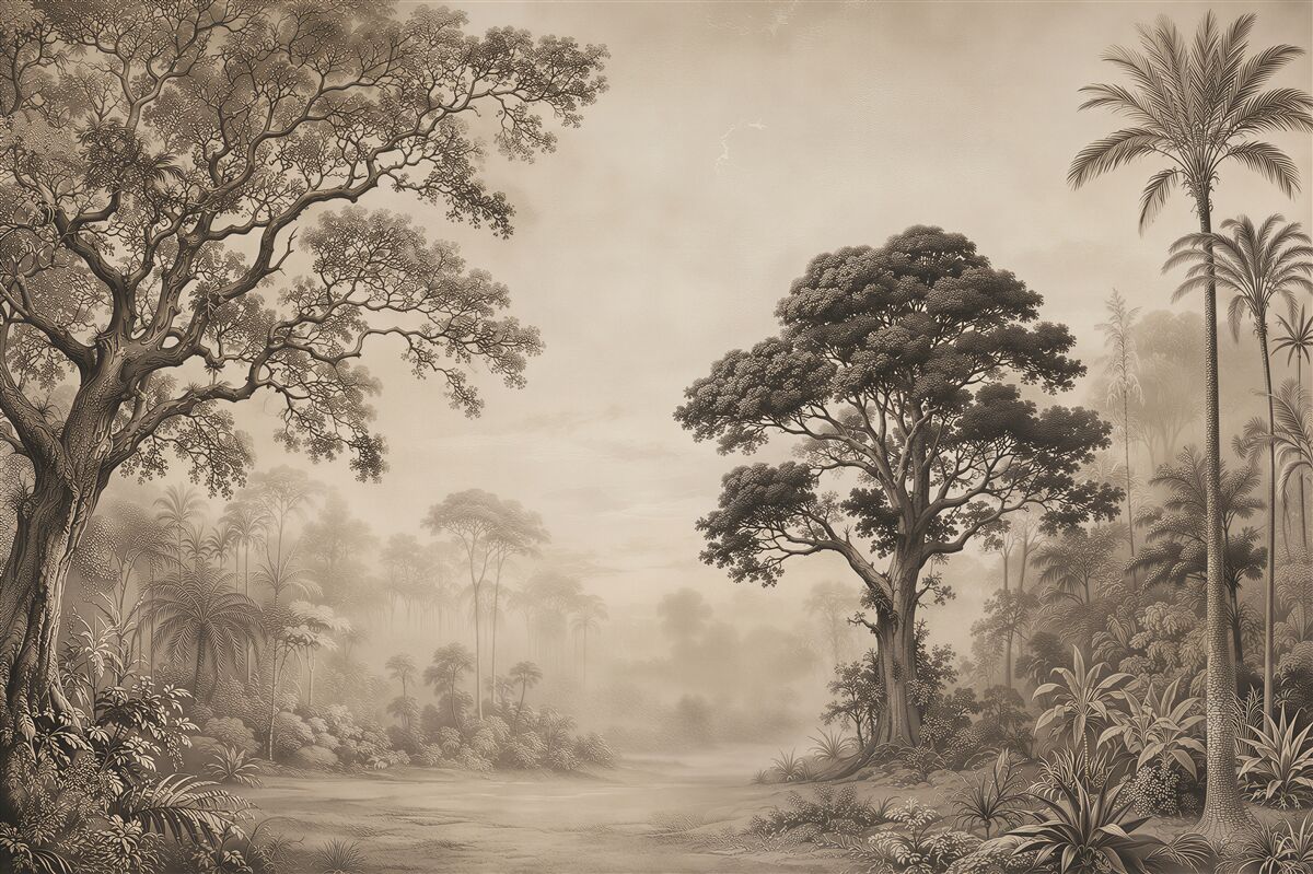 Fototapeten Waldlandschaft im Nebel beige ruhig für das Schlafzimmer