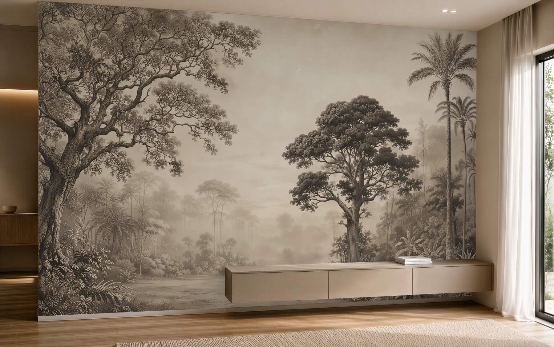 Fototapeten Waldlandschaft im Nebel beige ruhig für das Schlafzimmer